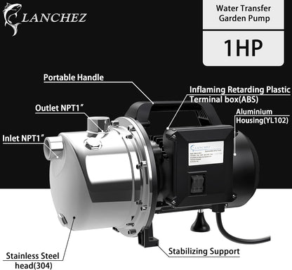 LANCHEZ 1 HP Portable Shallow Well Garden Pump, 1294 GPH Stainless Steel Sprinkler Pump, 115V Water Transfer Draining Irrigation for Lawn