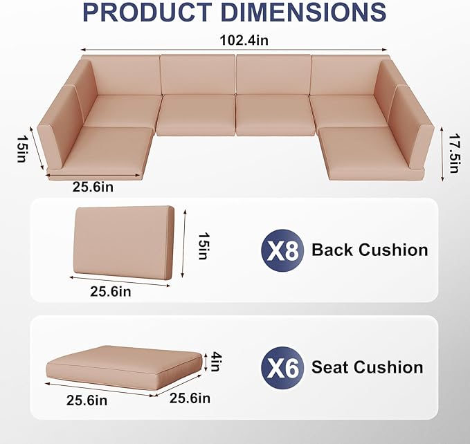 Aoxun Outdoor Replacement Cushions for Patio Furniture, Waterproof Sofa Cushion for 6-Seat Rattan Wicker Sectional Patio Conversation Sets, 14-Piece Cushions Set for L-Shape Couch, Beige