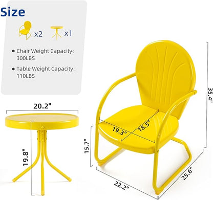 Patio Bistro Set Retro Metal Outdoor Seating Set Conversation Set 3 Pieces, 2 C-Spring Motion Armchairs and Round Side Table, for Porch, Lawn, Garden, Yellow