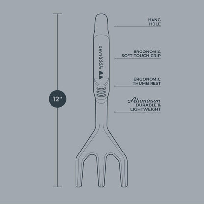 Woodland Tools Heavy Duty Hand Cultivator, 3-Prong Garden Claw Tiller Tool with Anodized Aluminum Head and Soft Ergonomic Grip, Manual Soil Cultivator for Weeding, Digging, and Breaking Up Dirt