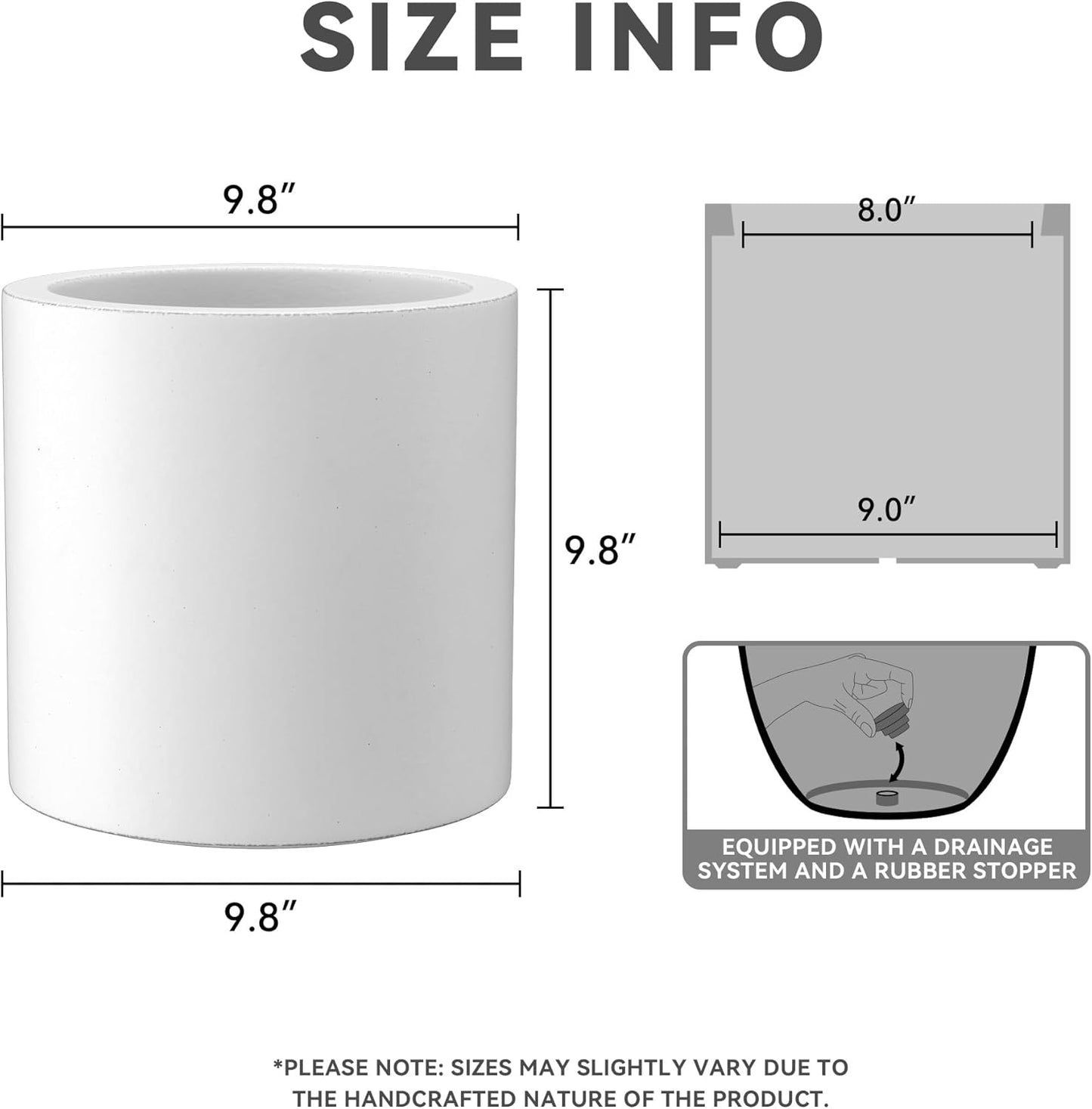 Kante 9.8" Dia Round Concrete Planter, Modern Style Large Cylindrical Plant Pot with Drainage Hole and Rubber Plug for Indoor Outdoor Patio, Pure White