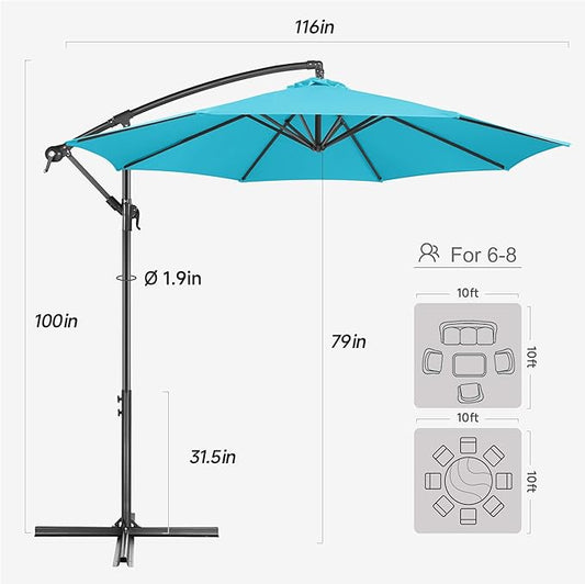 FLAME&SHADE 10ft Cantilever Patio Umbrella Outdoor, Large Offset Umbrella with Crank and Cross Base, UPF 50+ UV Protection Hanging Umbrella for Pool Deck Garden, Aqua Blue