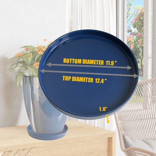 Ceramic Plant Saucer Pot Tray Blue 2pcs-12 Inch, Planter Saucers 4 5 6 7 8 9 10 11 12 Inch for Indoors Outdoor, Durable Sturdy Flower Drainage Tray for Glazed Pots Base (12.5 Inch-Blue)