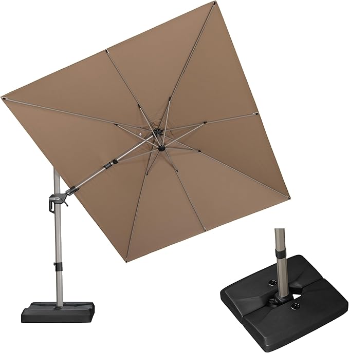 PURPLE LEAF 9' X 12' Left-right Tilting Patio Umbrella with Base Outdoor Swivel Cantilever Offset Aluminum Umbrella with Champagne Frame and 360-degree Rotation for Garden Deck Pool, Taupe