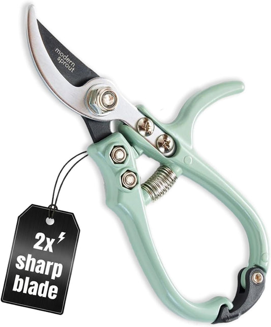 Modern Sprout Hand Pruners - Lightweight Pruning Shears W/Easy Lock- Gardening Scissors - Bypass Sharp Carbon Steel Blade - Rust Resistant - Garden Tools - Reusable Holster - Green