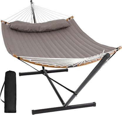 SUNCREAT Hammocks Portable Hammock with Frame, Backyard Double Hammock with Curved Spreader Bar, Brown