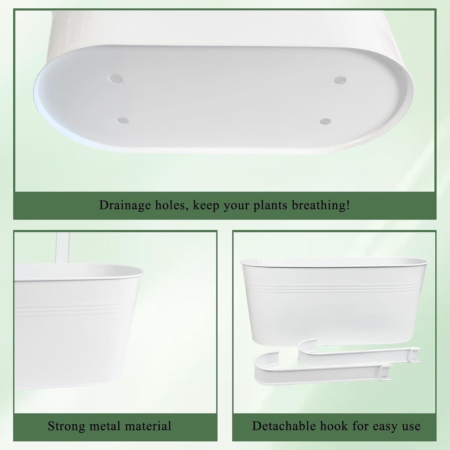 Hanging Planters for Outdoor Plants, 17" Railing Planter Pots, Metal Fence Flower Pot for Porch Balcony with Detachable Hook (White, Pack of 2)