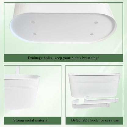 Hanging Planters for Outdoor Plants, 17" Railing Planter Pots, Metal Fence Flower Pot for Porch Balcony with Detachable Hook (White, Pack of 2)