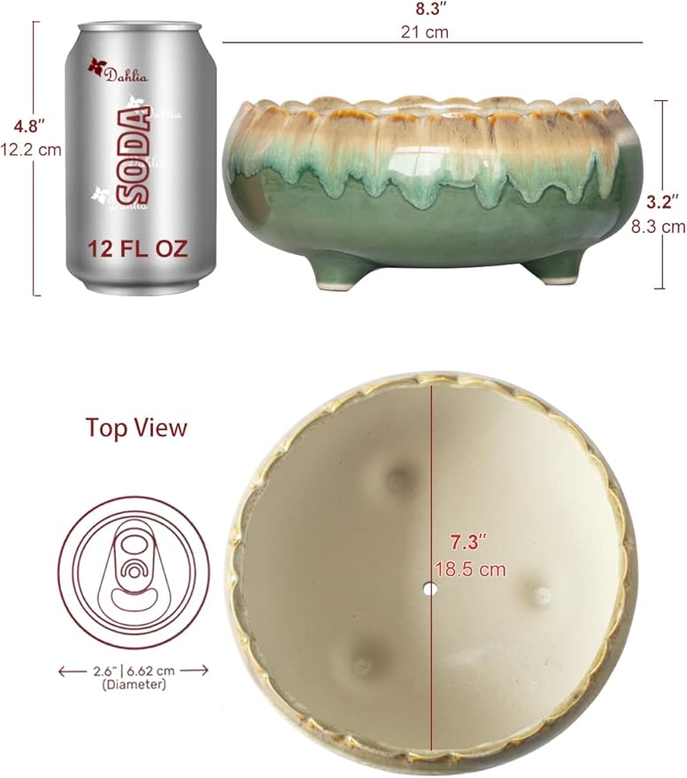 Dahlia 8.3'' Inch Large Shallow Drip Glazed Ceramic Planter/Succulent Pot/Plant Pot, Green