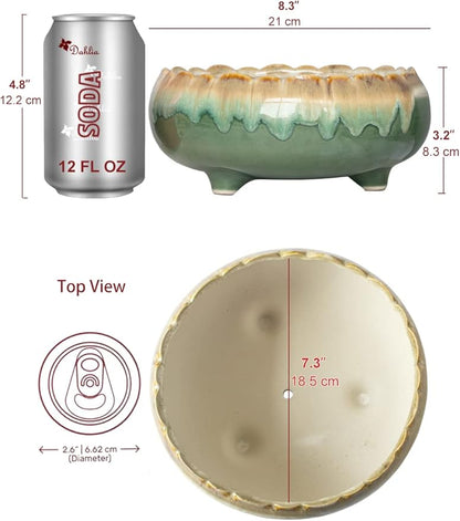 Dahlia 8.3'' Inch Large Shallow Drip Glazed Ceramic Planter/Succulent Pot/Plant Pot, Green