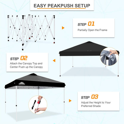 EAGLE PEAK Pop Up Canopy Tent with Wheeled Carry Bag, 8 Stakes, 4 Ropes, 4 Weight Bags, Easy Set Up Tent Canopy, 12x12 ft, 144sqft of Shade, Black