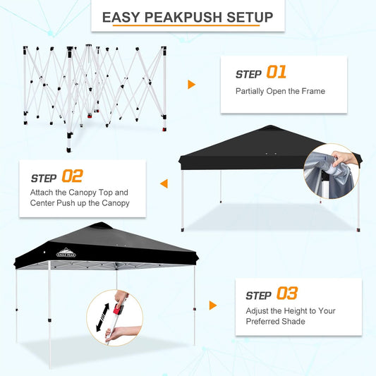 EAGLE PEAK Pop Up Canopy Tent with Wheeled Carry Bag, 8 Stakes, 4 Ropes, 4 Weight Bags, Easy Set Up Tent Canopy, 12x12 ft, 144sqft of Shade, Black