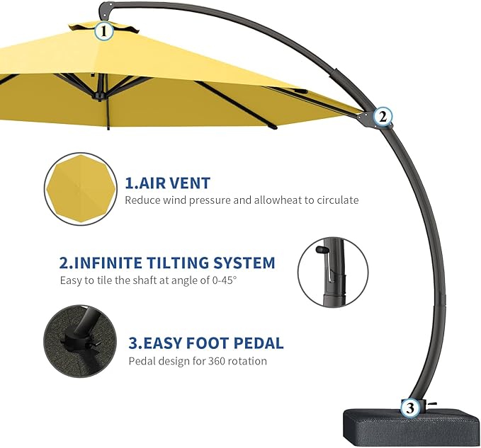Outdoor Patio Umbrella with Sand Bag Included, 11 FT Deluxe Curvy Cantilever Umbrella Offset Hanging Umbrella with 360° Rotation for Market, Pool, Garden, Backyard, Deck