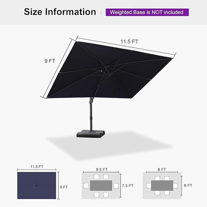 PURPLE LEAF 9' X 11.5' Patio Cantilever Umbrella Outdoor Rectangle Adjustable Offset Umbrellas with 360-degree Rotation and 8 Heavy Duty Metal Ribs for Garden Deck Pool Navy Blue