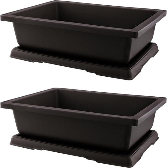 2 PCS 14 Inches Plastic Bonsai Training Pots, Rectangular Bonsai Tree Pots with Trays, Large Plastic Bonsai Container for Indoor, Outdoor