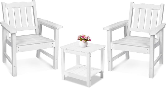 Stoog 3 Piece Patio Dining Sets, All-Weather Patio Chairs with Curved Backrest, Include 2 Garden Chairs and 1 Side Table, White