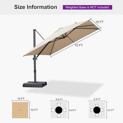 PURPLE LEAF 10' × 10' Patio Cantilever Umbrella Outdoor Square Adjustable Offset Umbrellas with 360-degree Rotation and 8 Heavy Duty Metal Ribs for Garden Deck Pool Beige