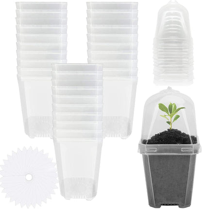 EBaokuup 30PCS Clear Plant Nursery Pots with Humidity Dome - 3" Durable Plastic Gardening Pot with Labels, Small Plant Container for Seedlings/Vegetables/Succulents/Cuttings