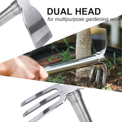 Stainless Steel Garden Hoe Rake Hand Tool, 15" Metal Hand Hoe & 3 Prong Cultivator Dual Headed Gardening Tool for Weeding, Digging, Seeding Multipurpose