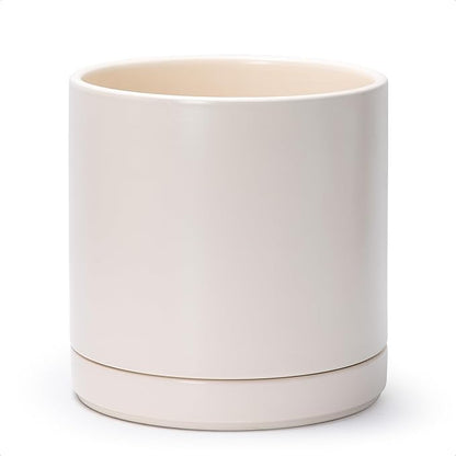 D'vine Dev 10 Inch Ceramic Planter Pot with Drainage Hole and Saucer, Indoor Cylinder Round Planter Pot, Oatmeal, 94-O-E-8