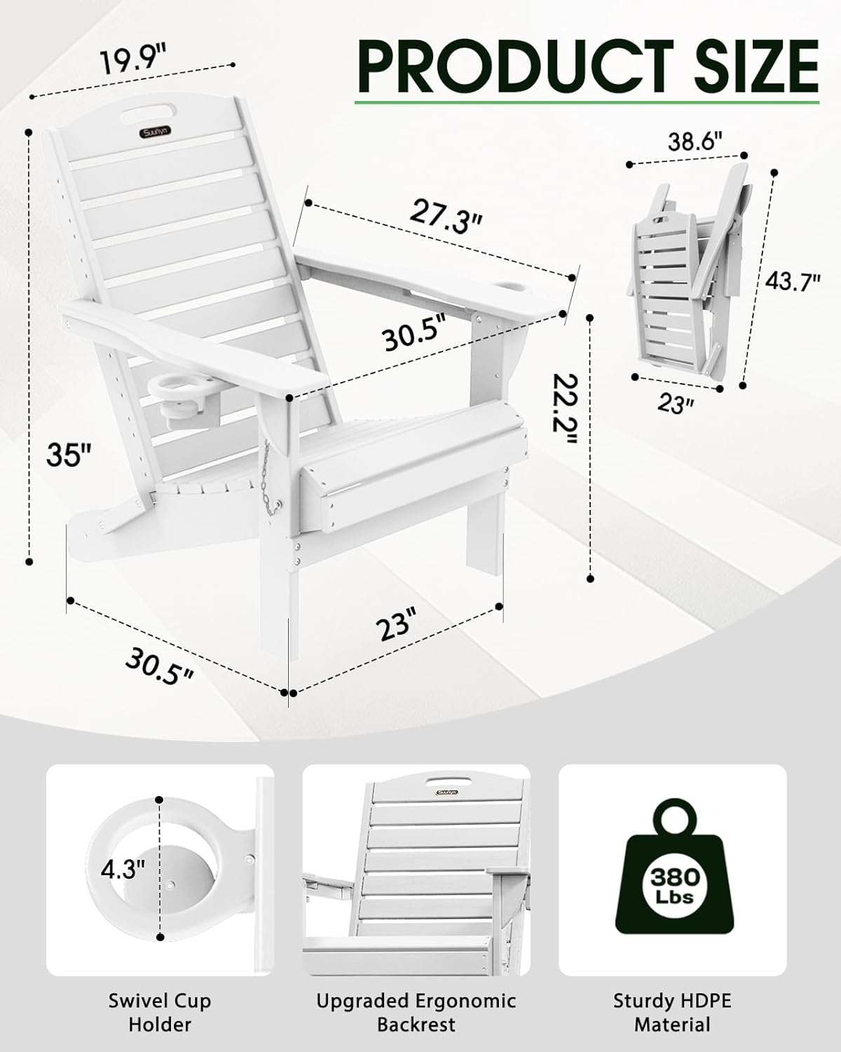 Adirondack Chairs Set of 4, Outdoor Fire Pit Chairs, HDPE All-Weather Adirondack Chairs with Cup Holder, Lawn Chair for Deck, Patio, Garden (White)