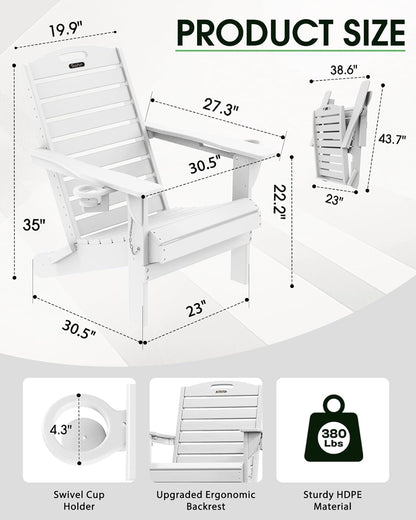 Adirondack Chairs Set of 4, Outdoor Fire Pit Chairs, HDPE All-Weather Adirondack Chairs with Cup Holder, Lawn Chair for Deck, Patio, Garden (White)
