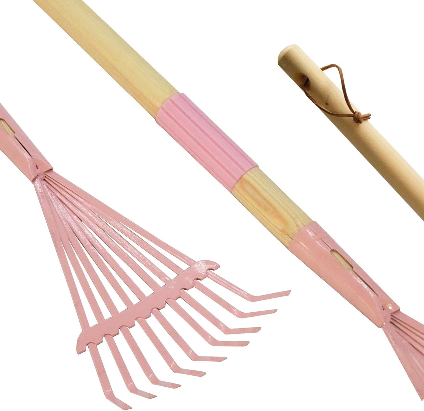 Kids Leaf Rake-Small Wooden Handle Leaf Rake with Metal Tines, 27inches /69cm Length, for Kids Enjoy Garden Cleaning Activities (Pink)