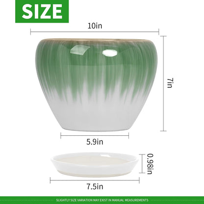 Deep Dream 10 Inch Plant Pot- Ceramic Planter Pot Round Plant Pots for Indoor Plants Outdoor Large Flower Pot with Drainage Holes & Trays, White&Green