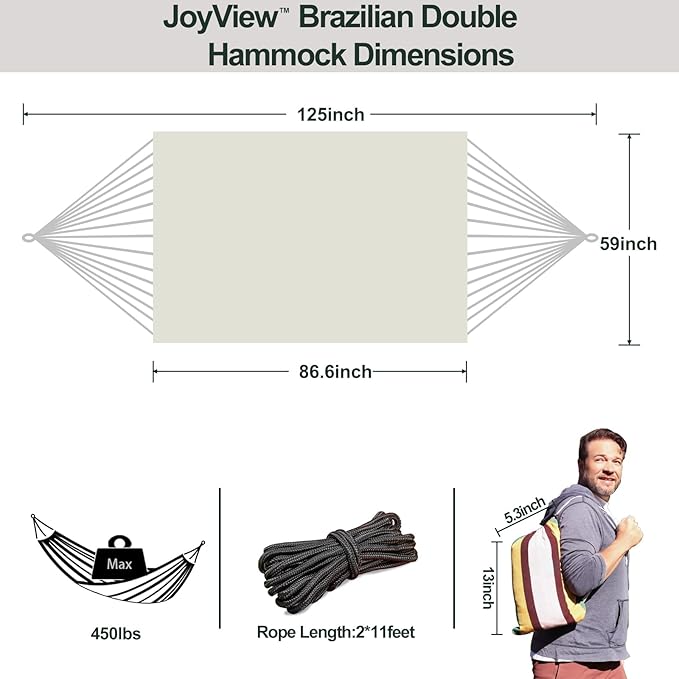 JoyView Brazilian Double Hammock with Hanging Ropes Extra Large 86.6x59” Portable Cotton Hammock for Patio Backyard Porch 450LBS Weight Capacity Perfect for Outdoor/Indoor - Natural White