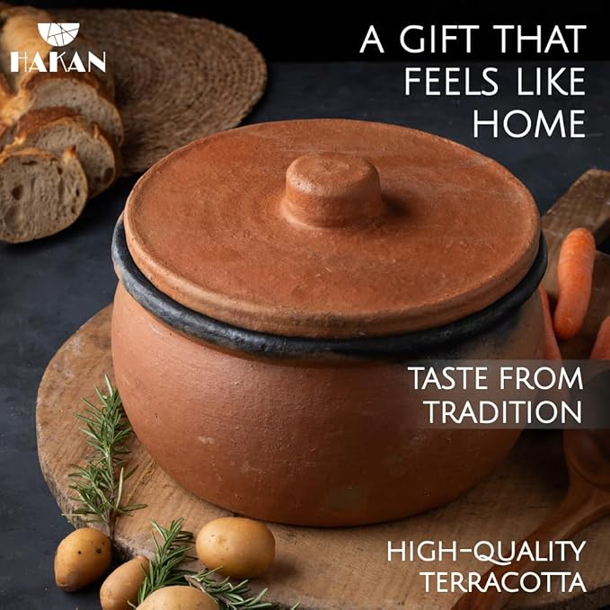 Hakan Efes Terracotta Cooking Pot with Lid, LARGE 4.4 Quarts Clay Pots for Cooking, Rice Pots, UNGLAZED Twice Baked Traditional Casserole for Cooking on STOVE Top, Vintage Roaster, 142 oz (4.2 L)
