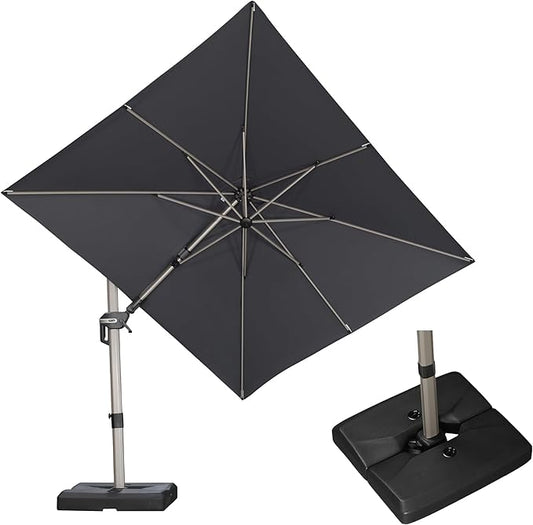 PURPLE LEAF 8' X 10' Left-right Tilting Patio Umbrella with Base Outdoor Swivel Cantilever Offset Aluminum Umbrella with Champagne Frame and 360-degree Rotation for Garden Deck Pool, Grey