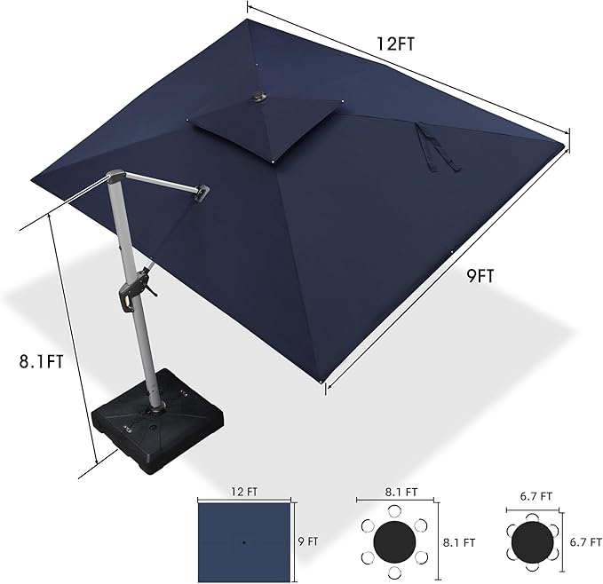 PURPLE LEAF 9 X 12 FT Cantilever Patio Umbrellas with Base Included, Large Square Offset Umbrella with 360° Rotation, Outdoor Aluminum Pool Umbrella for Pool Lawn Garden, Navy Blue