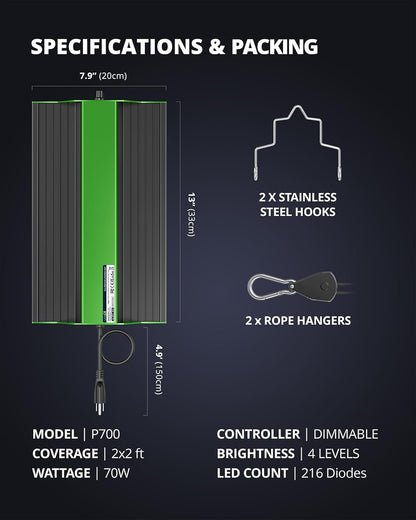 VIPARSPECTRA P700 Grow Light, 70 Watt Dimmable Full Spectrum Plant Light, LED Grow Lights for Indoor Plants Seed Starting Seedlings Vegetable,11000 Lumens Small Hanging Growing Lamp for 2x2 Grow Tent