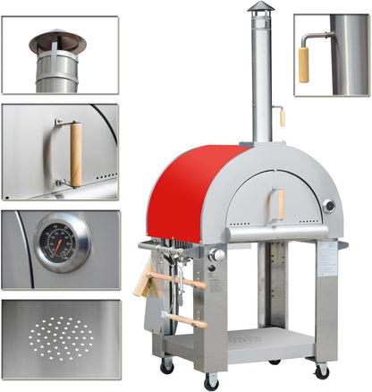 32.5 inch Propane Gas and Wood Fired Pizza Oven with Waterproof Cover, Large Stainless Steel Pizza Oven for Outdoor, Backyard and Party (Red)