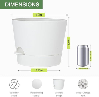 12inch Large Self Watering Plant Pot, Plastic Cylinder Planter with 60Oz Deep Reservoir and Saucer for Indoor Outdoor Plants Flowers Houseplants, White