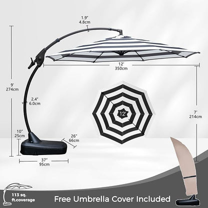 Grand patio 12 FT Patio Cantilever Umbrella Outdoor Large Round Aluminum Offset Umbrella Base Included for Deck Yard (Black & White, 12 FT)