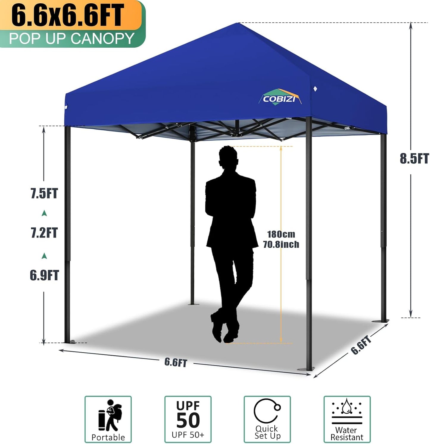 COBIZI 6.6x6.6ft Pop Up Canopy Tent, Heavy Duty Canopy Easy Set up All Weather Waterproof Outdoor Canopy Tent for Parties, Beach, Garden, Camping with 1 Handbag, UPF50+, Deep Blue