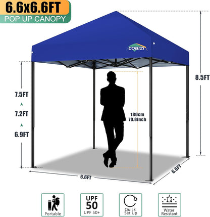 COBIZI 6.6x6.6ft Pop Up Canopy Tent, Heavy Duty Canopy Easy Set up All Weather Waterproof Outdoor Canopy Tent for Parties, Beach, Garden, Camping with 1 Handbag, UPF50+, Deep Blue