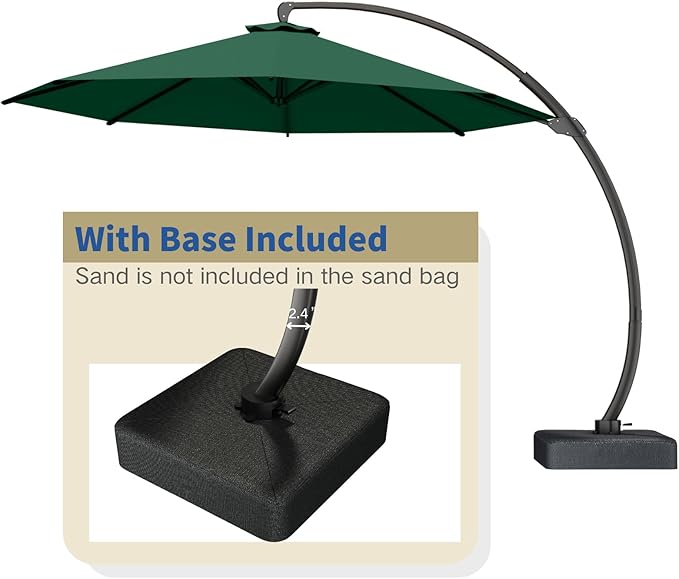 Outdoor Patio Umbrella with Sand Bag Included, 11 FT Deluxe Curvy Cantilever Umbrella Offset Hanging Umbrella with 360° Rotation for Market, Pool, Garden, Backyard, Deck
