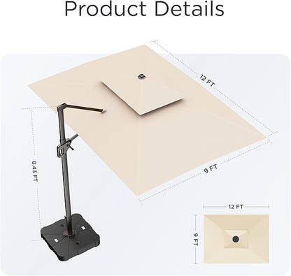 9' X 12' Cantilever Patio Umbrella with Base Included 360°Rotation Rectangular Outdoor Large Offset Umbrellas Double Top Heavy Duty Windproof for Garden Deck Pool, Beige