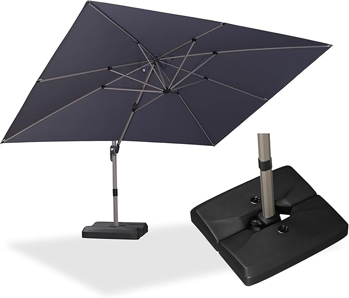 PURPLE LEAF 9' x 11' Patio Umbrella with Base Cantilever Umbrella Rectangular Outdoor Offset Umbrella with Champagne Frame and 360° Rotation for Garden Deck Pool, Light Grey