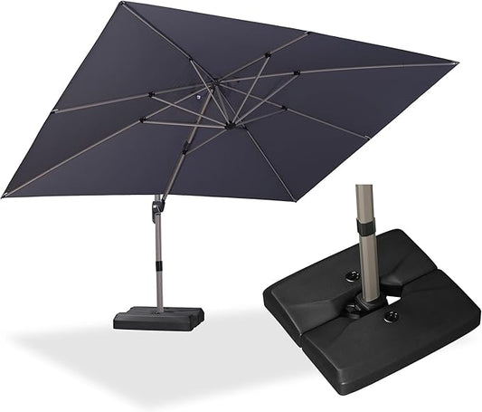 PURPLE LEAF 9' x 11' Patio Umbrella with Base Cantilever Umbrella Rectangular Outdoor Offset Umbrella with Champagne Frame and 360° Rotation for Garden Deck Pool, Light Grey