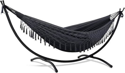 SUNCREAT Portable Outdoor Hammock with Stand Included, Double Hammock with Tassel for Outside, Dark Gray