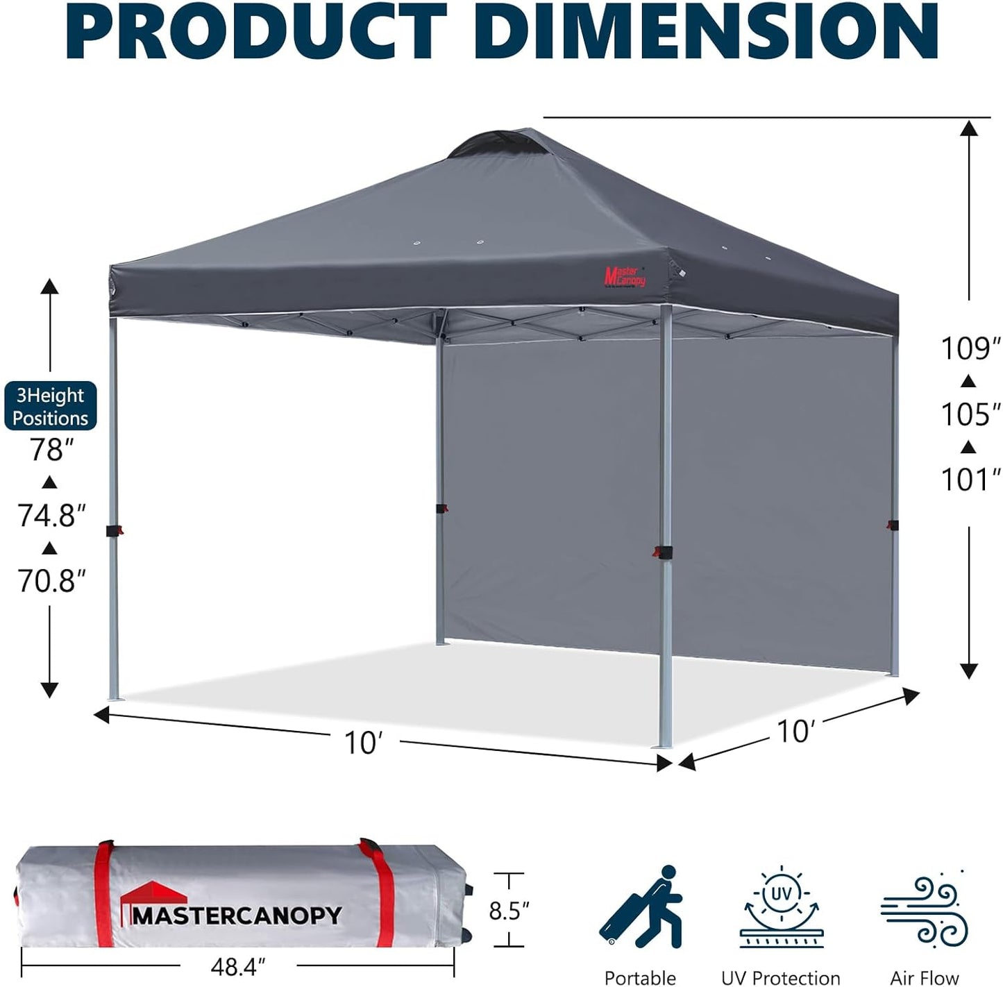MASTERCANOPY Durable Pop-up Canopy Tent with 1 Sidewall (10'x10',Dark Gray)
