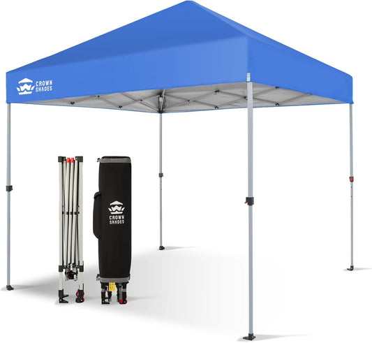 CROWN SHADES 8x8 Pop Up Canopy - Beach Tent with One Push Setup - Easy Outdoor Sun Shade for Events, Parties, Camping - Gazebo with STO-N-Go Cover Bag, Silver Coated Top, Blue