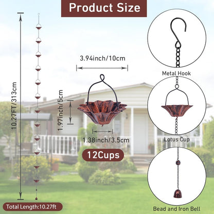10FT Lotus Rain Chain, Rain Chains for Gutters with 12 Cups, Adjustable Rain Catcher Chain with Bell for Eaves Drainage, Replacement for Downspout