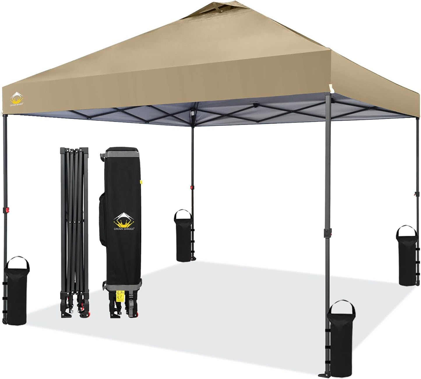 CROWN SHADES 10x10 Pop Up Canopy Tent - Patented Center Lock One Push Instant Outdoor Canopy Beach Tent with STO-N-Go Bag 8 Stakes & 4 Sand Bags，Khaki