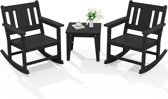 SERWALL 3 Piece Rocking Bistro Set, HDPE Patio Furniture Set with Bistro Table and Chairs for Backyard,Porch, Poolside, Balcony, and Garden- Black