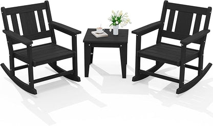 SERWALL 3 Piece Rocking Bistro Set, HDPE Patio Furniture Set with Bistro Table and Chairs for Backyard,Porch, Poolside, Balcony, and Garden- Black