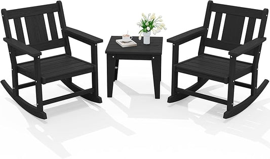 SERWALL 3 Piece Rocking Bistro Set, HDPE Patio Furniture Set with Bistro Table and Chairs for Backyard,Porch, Poolside, Balcony, and Garden- Black